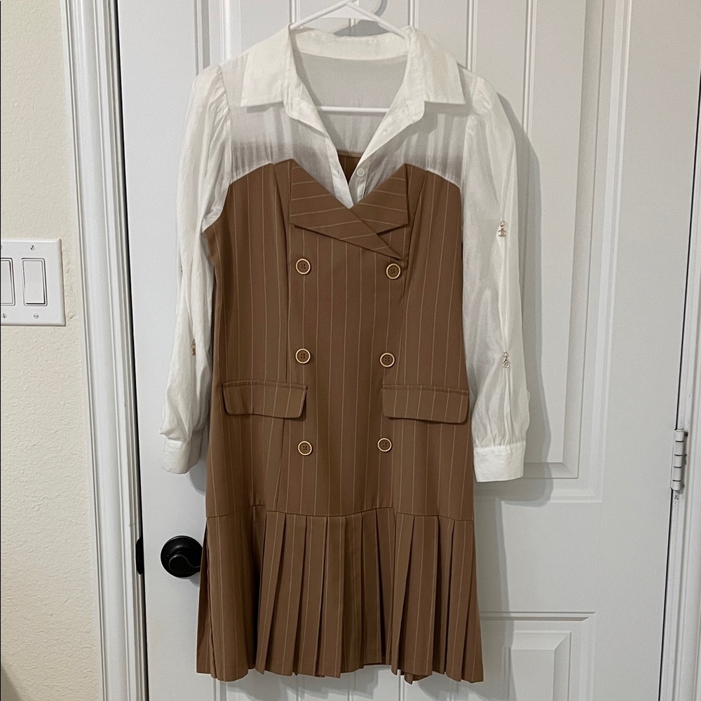 Brown Pinstripe Dress with White Sleeves